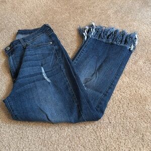 Distressed Blue Cropped Jeans with Fringe Hem - Size 29